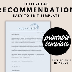 Plantilla de carta de recomendación personalizable, carta de recomendación profesional, carta de referencia, plantilla de Canva totalmente editable