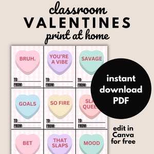 Candy Hearts Tween Valentinstag Karten Druckbar Valentinstag für Kinder Klassenzimmer Valentinstag Schule für Klasse Bearbeitbar Canva Vorlage