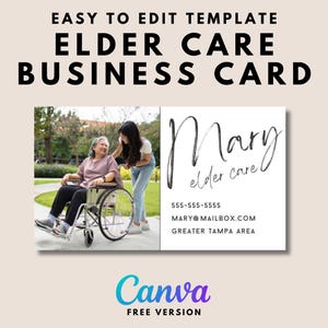 Cartão de visita de saúde domiciliar com imagem Cuidador Cartões de cuidados para idosos para cuidadores | Modelo Canva totalmente editável para download para impressão