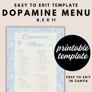 May include: Printable 8.5 x 11 inch template for a dopamine menu. The menu is divided into sections for mains, sides, signature selection, and desserts. The template features a blue and white floral design and the text "Dopamine Menu" in a blue font.