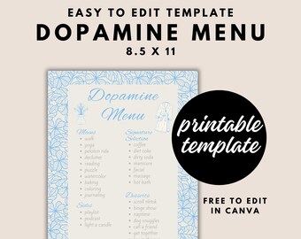 Dopamine Menu Happiness Planner ADHD Menu Mental Health Executive Function ADHD Overwhelm Help Tips | Fully Editable Canva Template