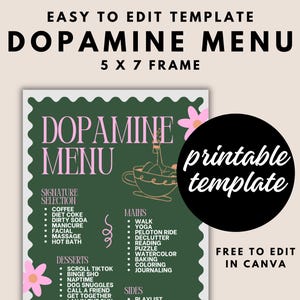 May include: Printable 5x7 frame template for a dopamine menu. The menu is divided into sections for signature selection, mains, desserts, and sides. The template features a green background with pink flowers and a stylized illustration of a cup of tea.