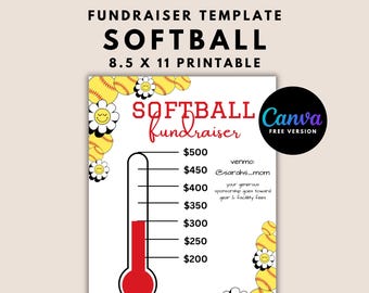 Softball Fundraiser Template Thermometer Fundraising Sports Team Donation Athletic Sponsorship | Fully Editable Canva Template