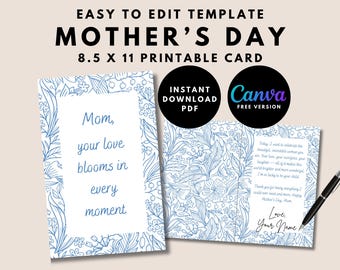 Printable Mothers Day Card Blue Floral Print At Home Mothers Day Card for Mom | Instant Download Fully Editable Canva Template