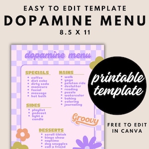 Puede incluir: Plantilla de menú de dopamina imprimible de 8,5 x 11 pulgadas con un fondo a cuadros morado y blanco. El menú está dividido en secciones para especiales, platos principales, acompañamientos y postres. Cada sección enumera actividades que pueden aumentar los niveles de dopamina. La plantilla es gratuita para editar en Canva.