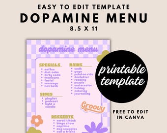 Dopamine Menu Happiness Planner ADHD Menu Mental Health Executive Function ADHD Overwhelm Help Tips | Fully Editable Canva Template