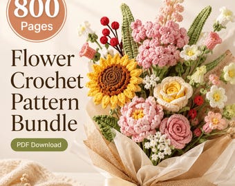 Paquete de patrones de ganchillo para ramo de flores, 800 páginas en PDF para descargar, rosas, tulipanes, margaritas y girasoles.