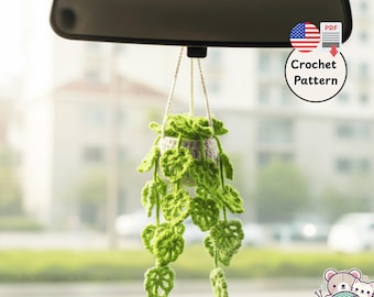 Patrón de crochet para planta colgante en maceta (PDF), cesta decorativa para espejo de coche, hojas caídas amigurumi