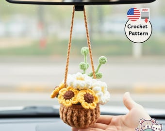Patrón de ganchillo para decorar el coche con una planta colgante de margarita en maceta (PDF digital)