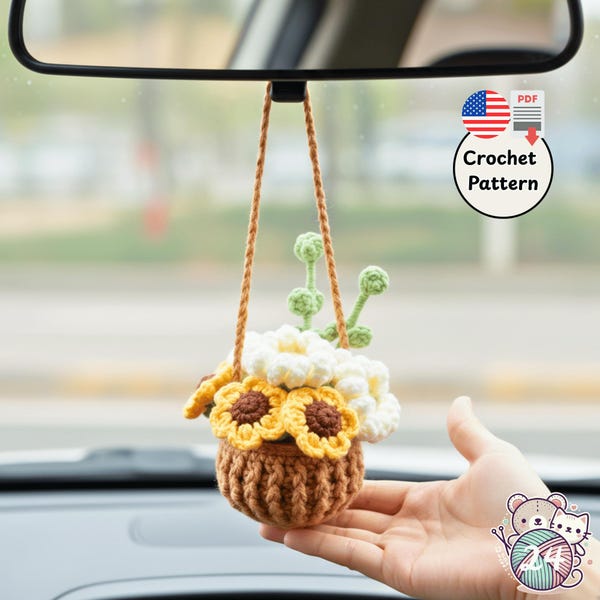 Daisy Hanging Plant in Pot Car Decor Crochet Pattern, Digital PDF