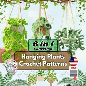 Peut inclure: Téléchargement numérique de 6 modèles de crochet pour plantes suspendues. Les modèles sont pour une collection de plantes en pots avec des feuilles vertes. L'image comprend un drapeau américain et une icône de téléchargement.