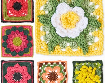 Patrones de crochet de cuadrados florales de la abuela: 10 motivos florales 3D, bloques afganos, descarga fácil en PDF
