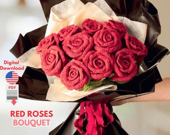 Ramo de rosas rojas, patrón de crochet / Decoración floral DIY (PDF)