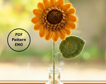 Patrón de girasol a crochet • Pétalos y hoja realistas con alambre (PDF)