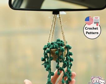 Patrón de crochet para planta verde colgante en maceta (PDF), decoración para espejo de coche, suculenta amigurumi fácil