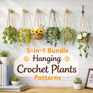 Peut inclure: Plusieurs modèles de plantes suspendues au crochet, chacun dans un panier tressé avec un design de plante différent. Le texte sur le panneau indique "5-en-1 Bundle Hanging Crochet Plants Patterns".