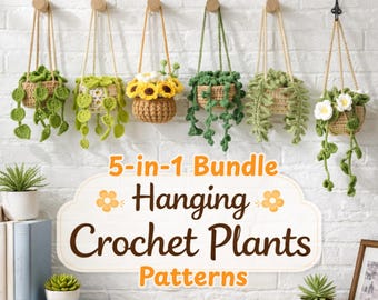 Paquete de patrones 5 en 1 para plantas colgantes de crochet / Macetas con helechos, suculentas y margaritas en el espejo del coche (PDF)
