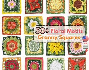 Patrones de crochet cuadrados de la abuela con motivos florales / Tutorial floral botánico en PDF 3D