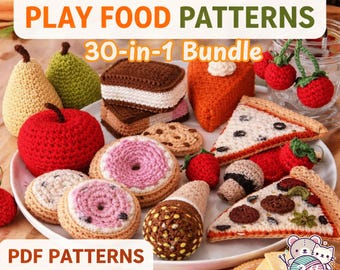 Patrones de comida de crochet para niños / Cocina infantil, juego de tienda de comestibles amigurumi, descarga fácil en PDF