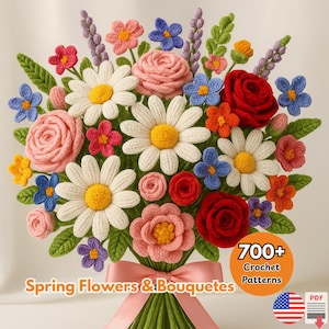 700 Blumenstrauß Häkelanleitungen-Bundle, Floraler Stamm, Muttertag, Frühling Sonne Hochzeit Rose Tulpe Gänseblümchen Pfingstrose, PDF Diagram Amigurumi