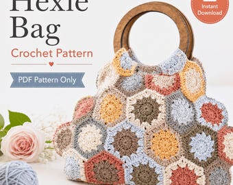 Patrón de ganchillo en PDF para bolso de verano estilo boho con hexágonos, bolso de mano con motivo hexagonal de abuela, descarga instantánea.