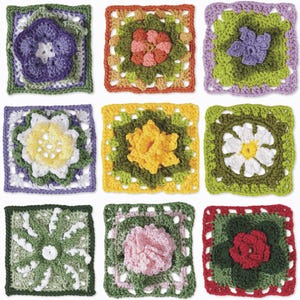May include: Nine colorful crochet squares with floral designs. Each square features a different flower in shades of purple, orange, yellow, white, and red, surrounded by green and other complementary colors. The squares are arranged in a 3x3 grid.