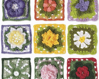 Patrón de crochet de cuadrados de la abuela con flores, 10 motivos florales botánicos, descarga en PDF, diseños de bloques afganos
