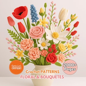 Blumenstrauß Häkelanleitung, Frühlingssonne, Muttertag, Frühlingssonne, Rose, Tulpe, Gänseblümchen, Pfingstrose