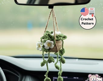 Patrón de ganchillo para maceta colgante con flores, decoración para el hogar con espejo, tutorial PDF fácil de hacer uno mismo
