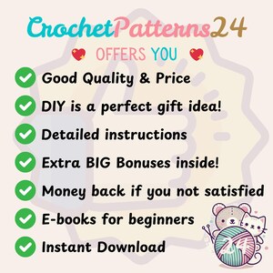May include: An image promoting Crochet Patterns24, featuring text such as "Good Quality & Price" and "Instant Download." The design includes a cartoon bear and cat with yarn, and a heart symbol. The background is a light beige with a decorative outline.