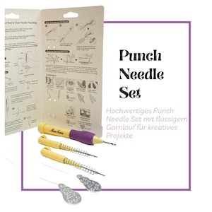 Könnte beinhalten: Ein Punch-Nadel-Set mit einem gelb-violetten Griff, zwei zusätzlichen Nadeln und zwei silbernen Nadeleinfädler. Die Verpackung enthält Anweisungen und den Text "Punch Needle Set".
