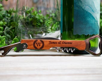 Personalized Wood Wine Opener, Laurel Monogram Wedding Favor