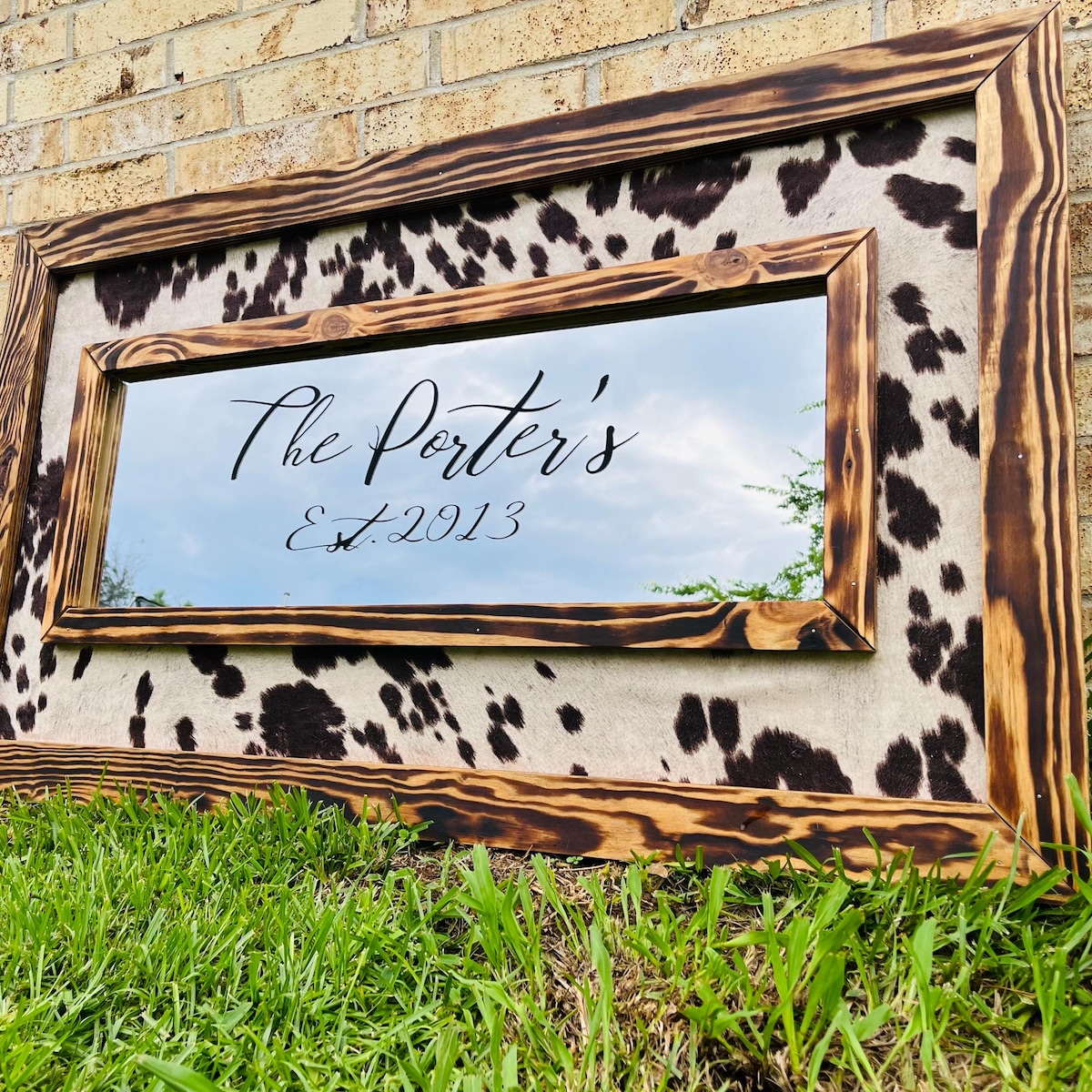 Framed Cowhide Personalized Mirror