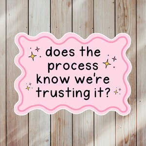 May include: A rectangular sticker with a wavy pink border and a light pink background. The text in black reads, does the process know we're trusting it? Four small yellow four-pointed stars are scattered around the text on the sticker surface.