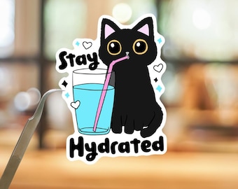 Stay Hydrated Cat Sticker, Water Reminder Decal for Bottle (2-4 Inch)