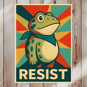 May include: A cartoon frog wearing a blue bandana is the central image of this poster. The frog is green with brown spots and is set against a background of red, orange, yellow, and green rays. The word "RESIST" is printed in bold, dark green letters at the bottom.
