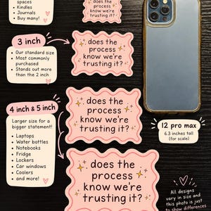 May include: Four rectangular stickers with wavy pink borders and the text 'does the process know we're trusting it?' with small star icons. The stickers are shown in 2 inch, 3 inch, 4 inch, and 5 inch sizes next to a 6.3 inch tall smartphone.