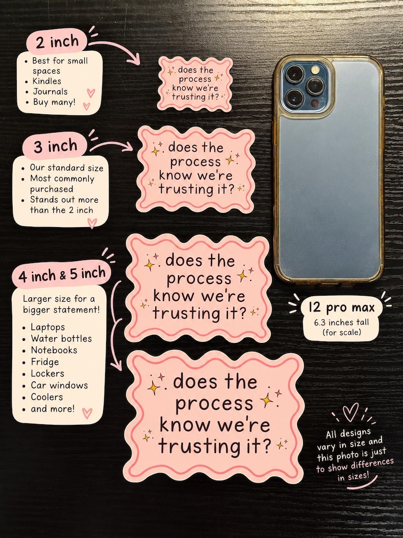 May include: Four rectangular stickers with wavy pink borders and the text 'does the process know we're trusting it?' with small star icons. The stickers are shown in 2 inch, 3 inch, 4 inch, and 5 inch sizes next to a 6.3 inch tall smartphone.