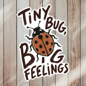 May include: A sticker with a cartoon ladybug illustration and the words "Tiny Bug, Big Feelings" in a handwritten style. The ladybug is brown with black spots and a black head. The background is a light brown wood grain.