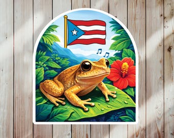 May include: A sticker featuring a cartoon frog with large eyes, sitting on a green leaf. The Puerto Rican flag waves in the background, with a red hibiscus flower and musical notes. The frog is a light brown color.