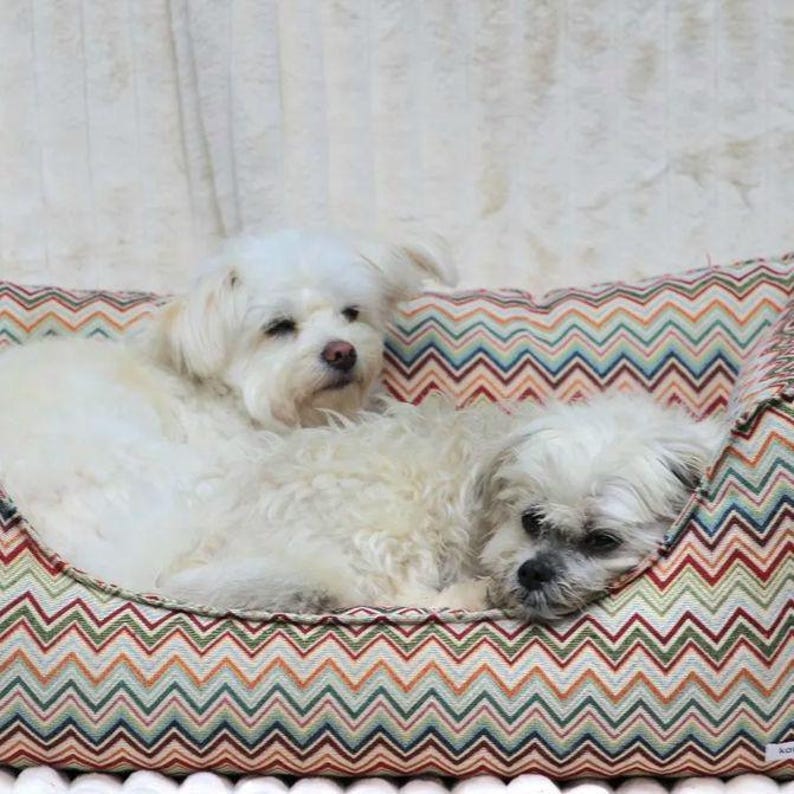 May include: Two white dogs are relaxing in a colorful chevron patterned dog bed. The bed has a raised edge and is filled with soft padding.