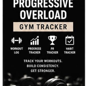 Può includere: Grafica in bianco e nero per un tracker da palestra di 12 settimane. Il testo recita "12 Week Progressive Overload Gym Tracker". Include icone per registro allenamenti, tracker progressi, tracker PR e tracker abitudini. Un bilanciere è in basso.