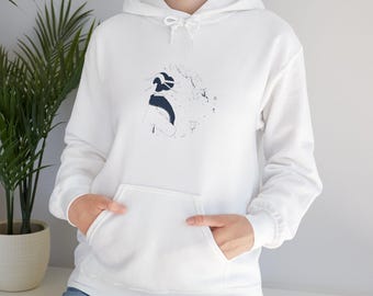 May include: White hooded sweatshirt with a front pocket and a drawstring hood. The sweatshirt features a navy blue and white graphic design on the front. The design appears to be an abstract illustration.