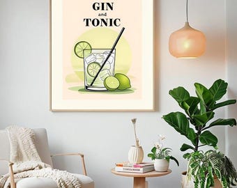 Gin and Tonic Poster - wall art, Kitchen decor, Cocktail,  midcentury modern, Green
