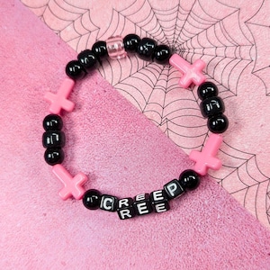 Baby Pink Pastel and Black Creep Beaded Bracelet, Y2K Rave Kandi Beads