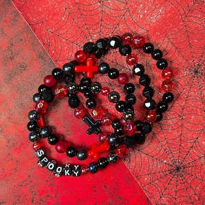 4 Pack Black and Red &#39;Spooky&#39; Goth Beaded Kandi Bracelets, Set of Four Kandi Stack, Dark Rave Accessory