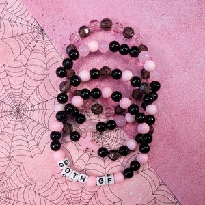 Four Pack of Bracelets Pastel Goth Baby Pink and Black Kandi Bracelet Stack, Baby Goth Beaded Friendship Bracelets