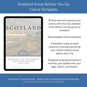 Scotland Travel Guide Template for Travel Agents: Customizable Client Resource (Canva Editable, Digital Download)