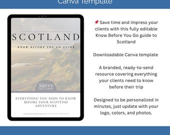 Guía de viaje a Escocia: Lo que debes saber antes de viajar / Plantilla de guía de viaje para agencias de viajes / Recurso personalizable para clientes (Canva editable, descarga digital)