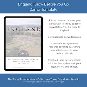 England Travel Guide Template for Travel Agents: Customizable Client Resource (Canva Editable, Digital Download)
